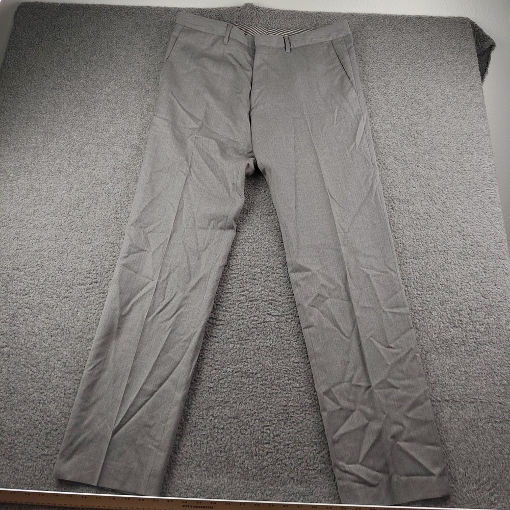 Hugo Boss Wool Pants Mens 36x34 Dress Trousers Grey Flat Front EUC
